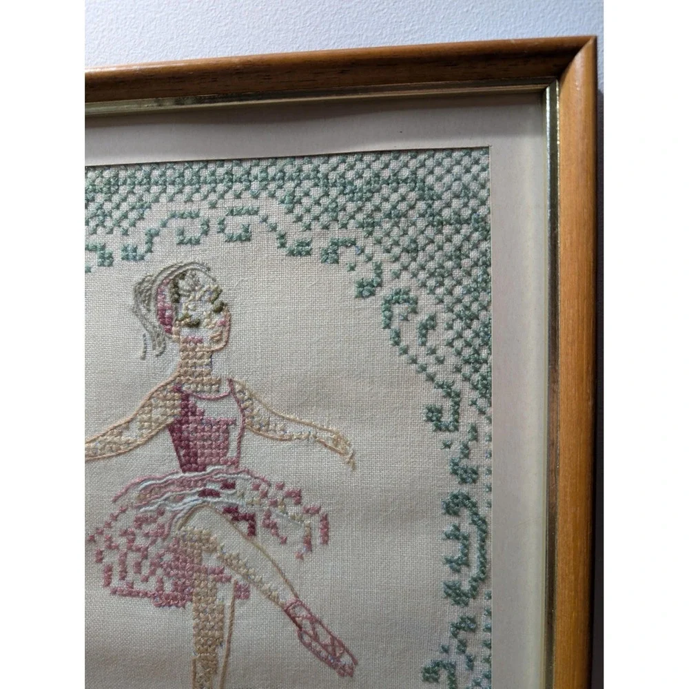 1968‎ Vintage toe point ballerina hand-stitched on linen in frame